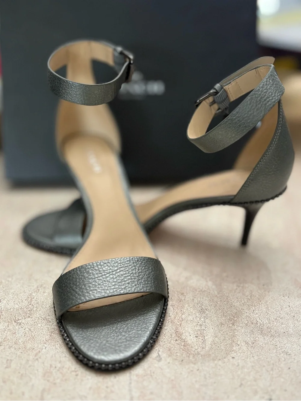 Coach Metallic Gray Ankle Strap Heels